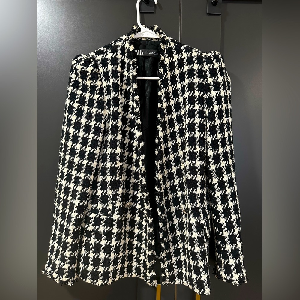 Zara houndstooth plaid black and white blazer